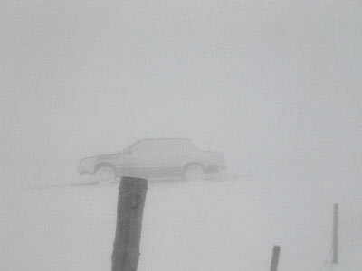 吹雪中　室内から見た車11:00